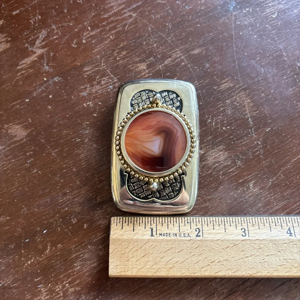 Vintage Western Belt Buckle - Agate Stone - Heavy Gold Tone Metal
